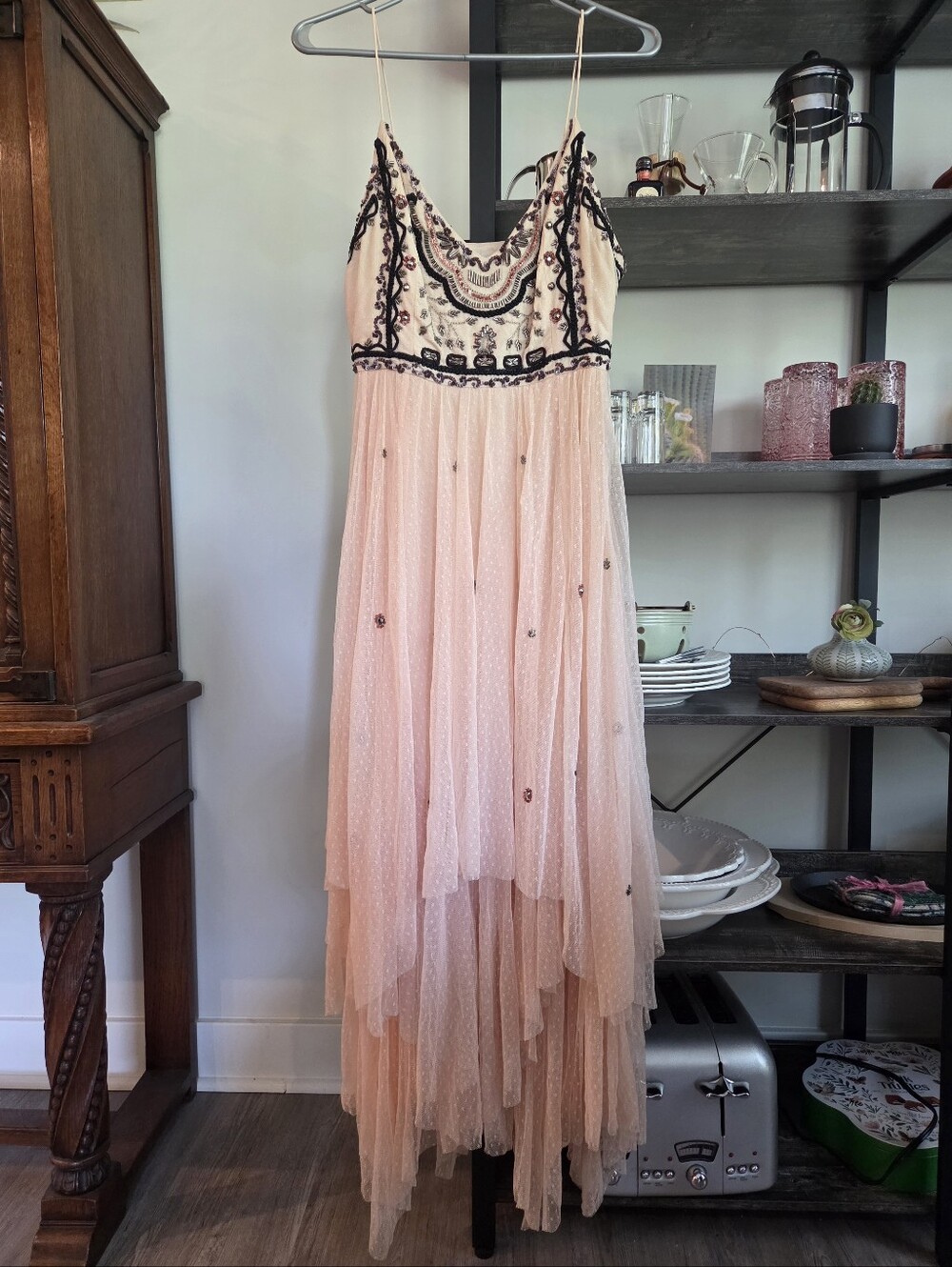 Gorgeous Free People Sequins Beaded Lined Layered Dress Size 6 Pale Peachy Pink